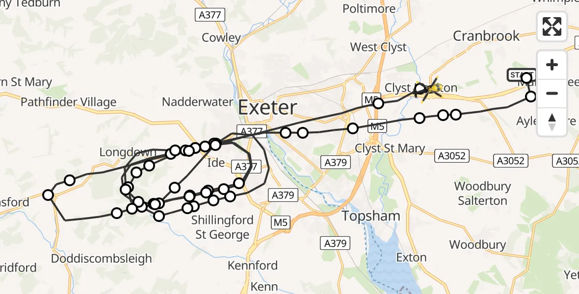 Flight route map: Police Helicopter to Clyst Honiton, Churchside