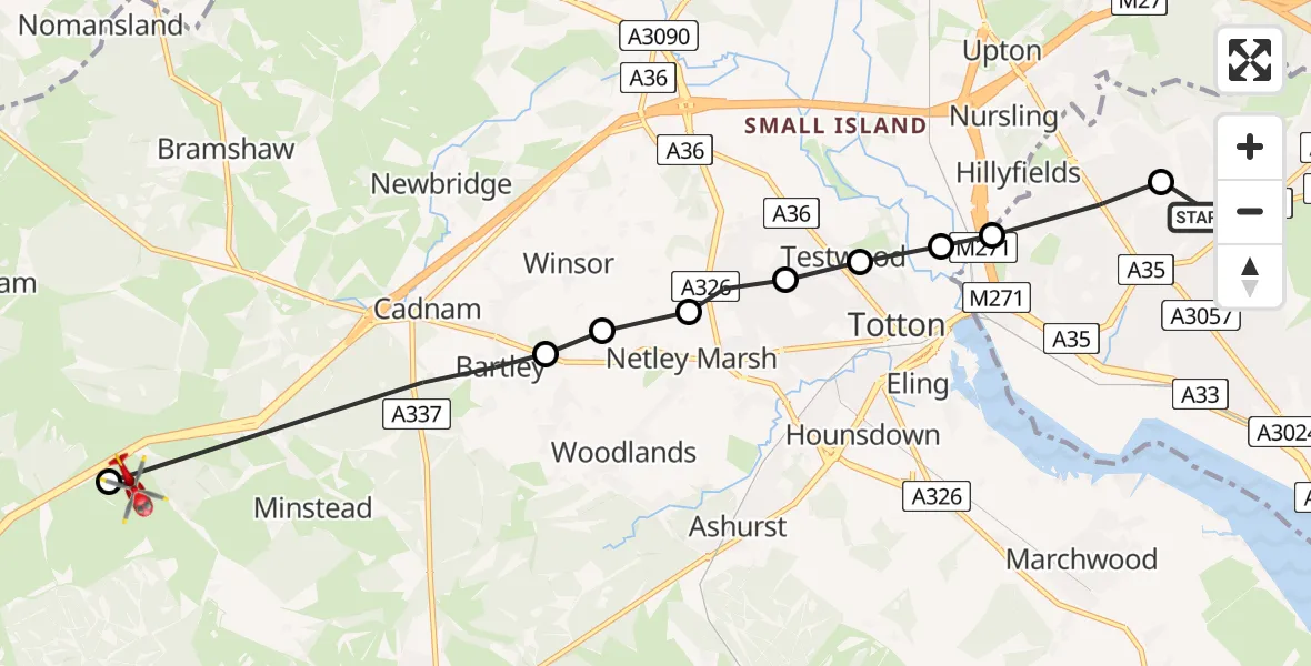 Routekaart van de vlucht: Air Ambulance Helicopter to Minstead, A31