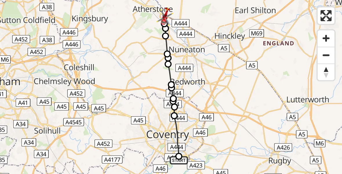 Flight route map: Air Ambulance Helicopter to Mancetter CP, Watling Street