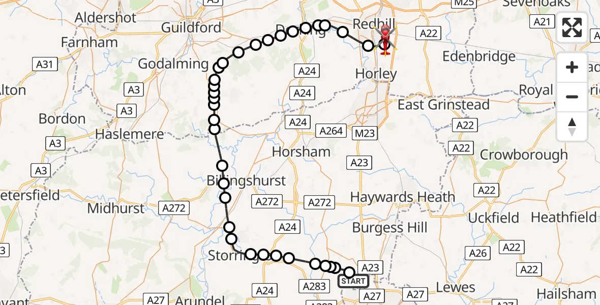 Flight route map: Air Ambulance Helicopter to Redhill Aerodrome, Redhill Aerodrome