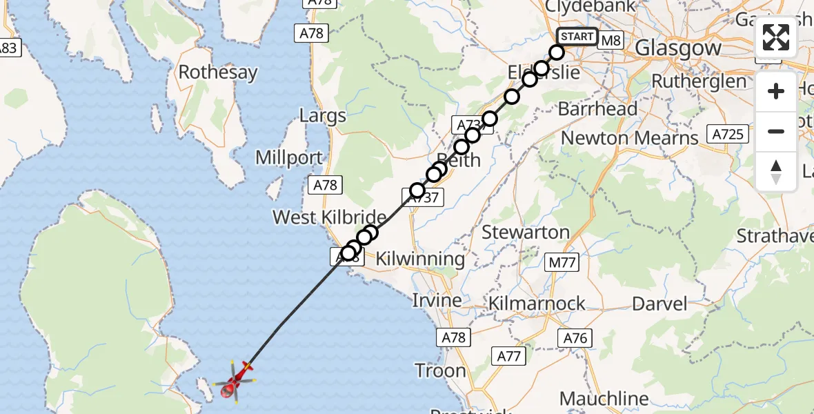 Flight route map: Air Ambulance Helicopter to Inner Seas, Inner Seas
