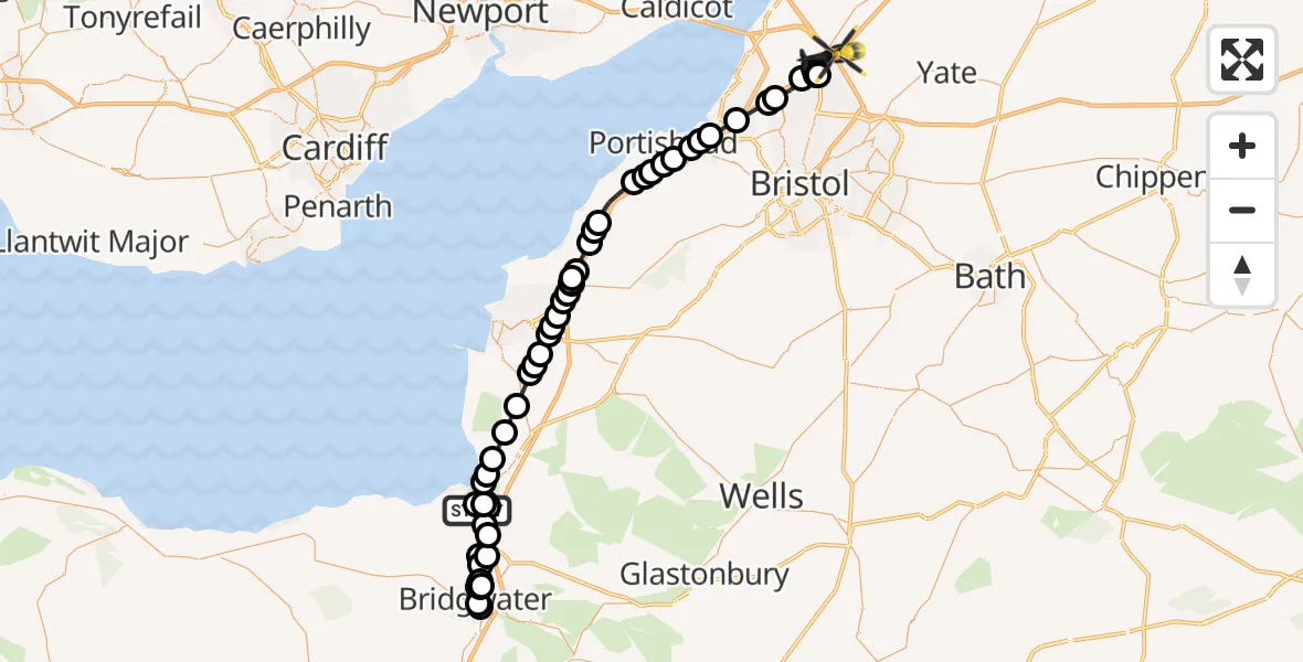 Routekaart van de vlucht: Police Helicopter to Almondsbury Helicopter Base, Almondsbury Helicopter Base