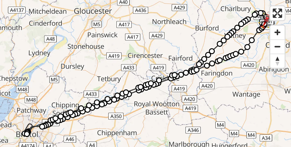 Flight route map: Air Ambulance Helicopter to London Oxford Airport, London Oxford Airport