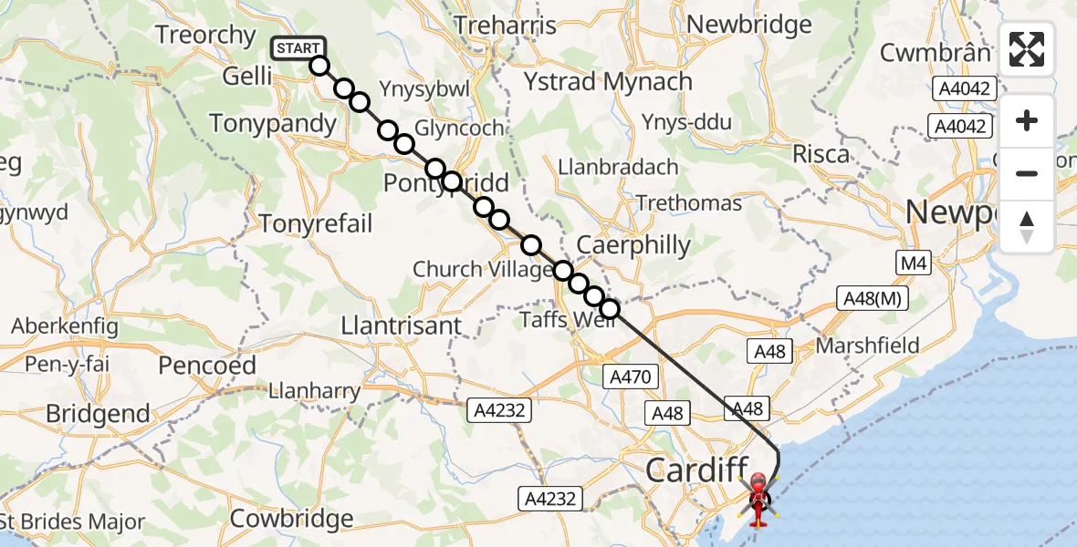 Routekaart van de vlucht: Air Ambulance Helicopter to Cardiff Heliport, Cardiff Heliport