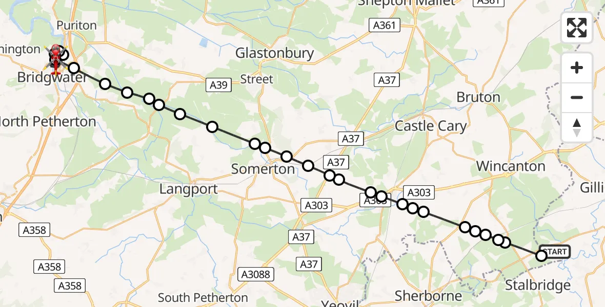 Flight route map: Air Ambulance Helicopter to Bridgwater, Saltlands Lane