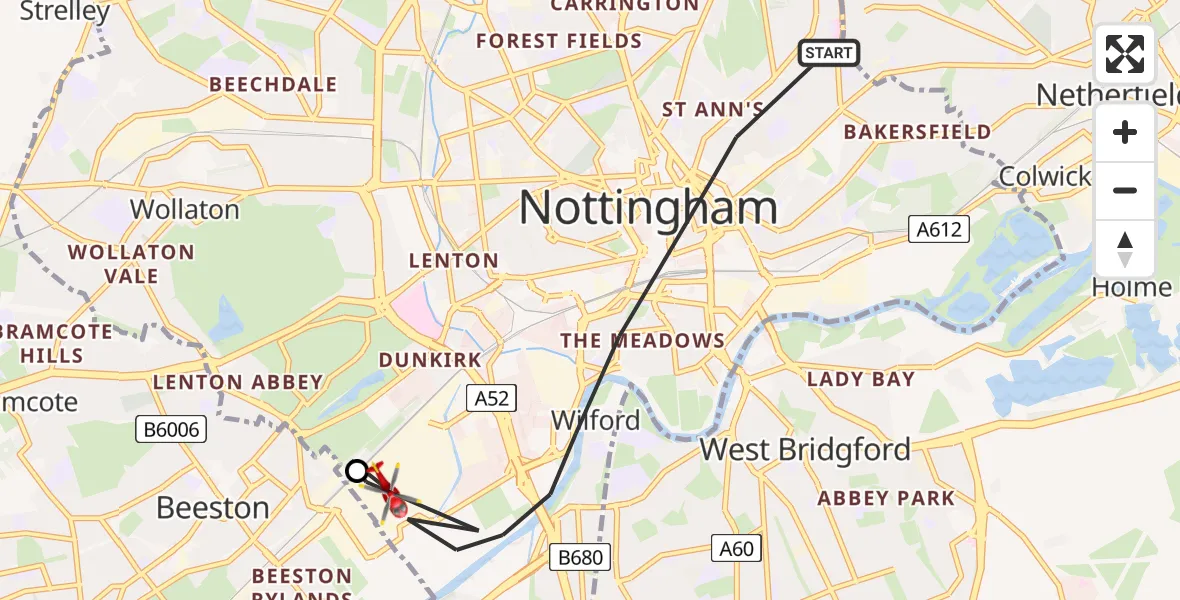Flight route map: Air Ambulance Helicopter to City of Nottingham, B Road
