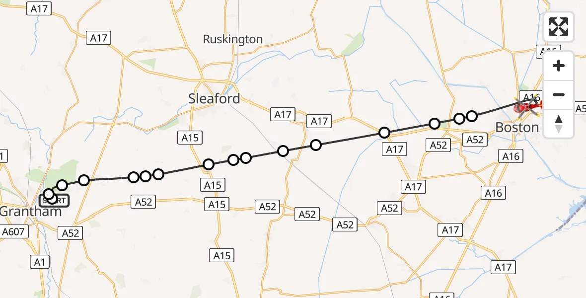 Routekaart van de vlucht: Air Ambulance Helicopter to Boston, Castle Road