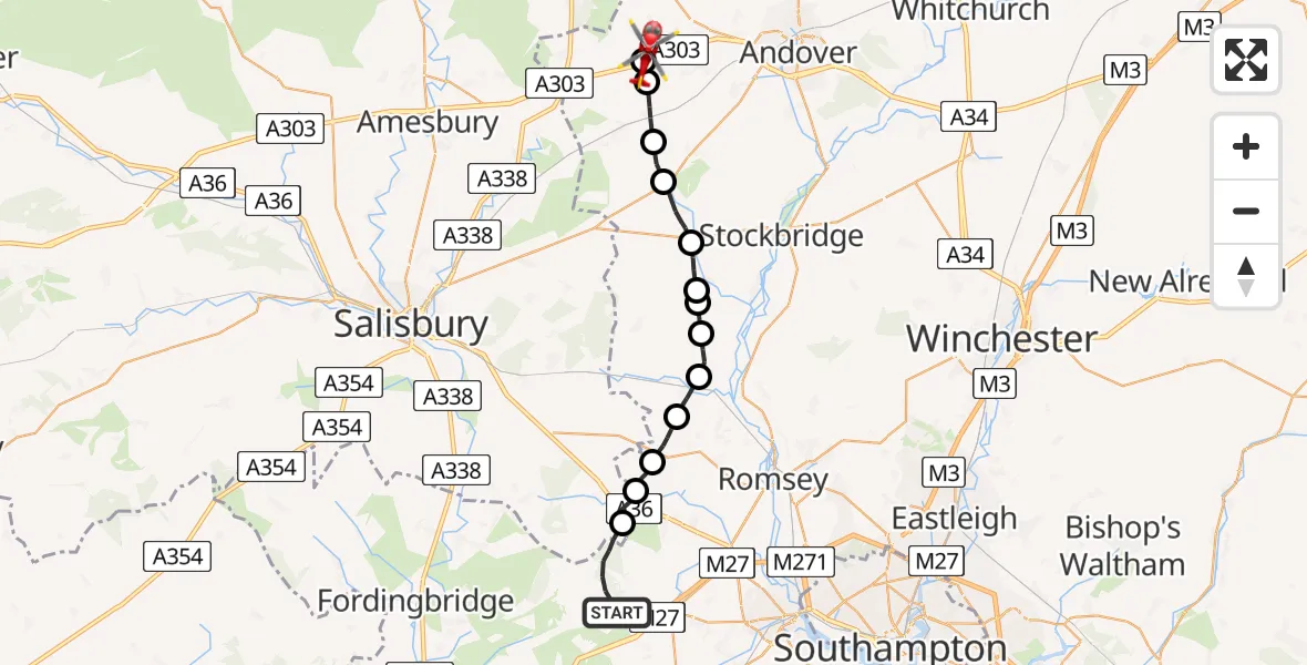 Routekaart van de vlucht: Air Ambulance Helicopter to Thruxton Aerodrome, Thruxton Aerodrome