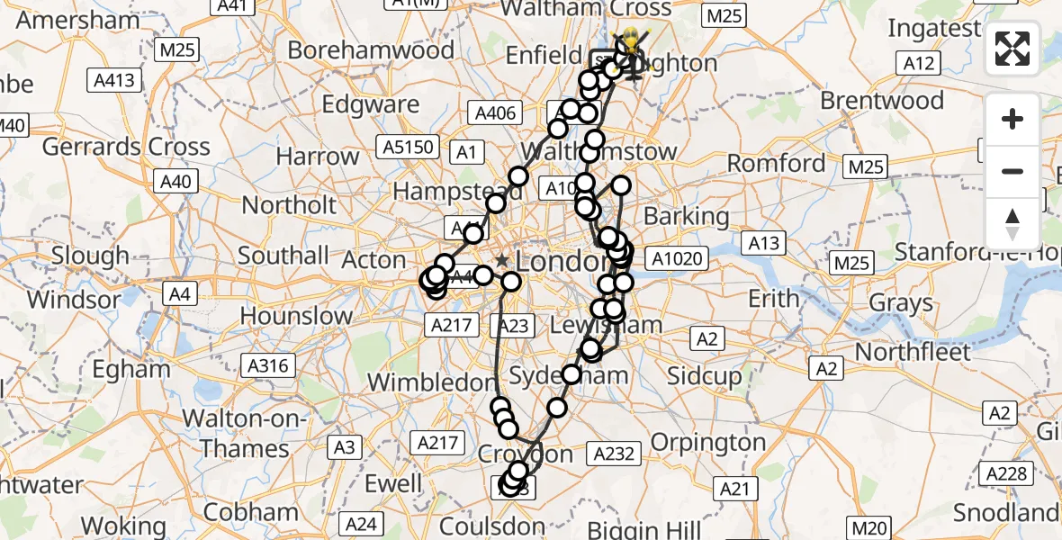 Flight route map: Police Helicopter to Sewardstonebury, Lippitts Hill