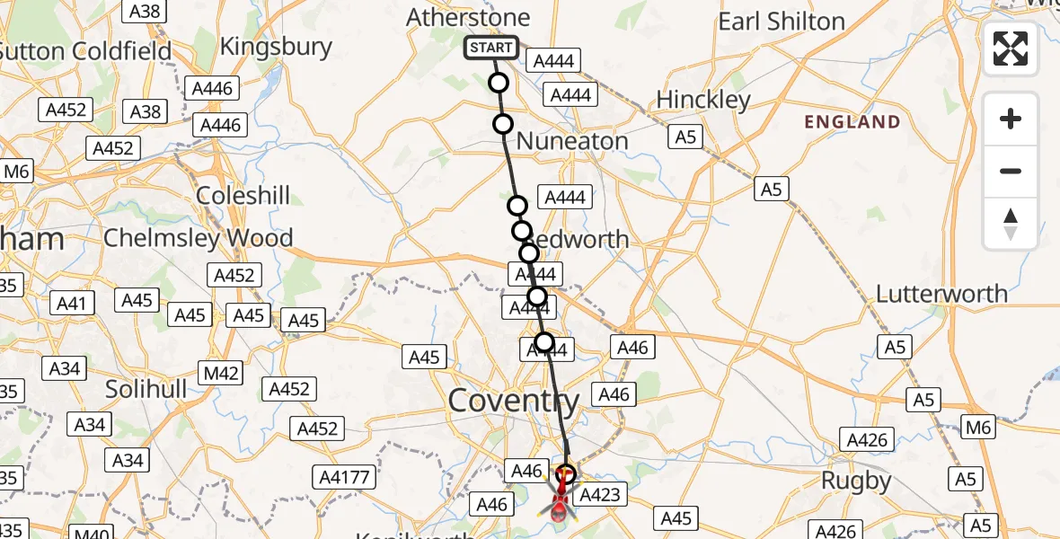Routekaart van de vlucht: Air Ambulance Helicopter to Coventry Airport, Coventry Airport