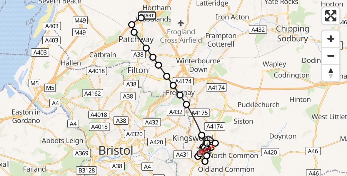 Flight route map: Air Ambulance Helicopter to Warmley, Grimsbury Road