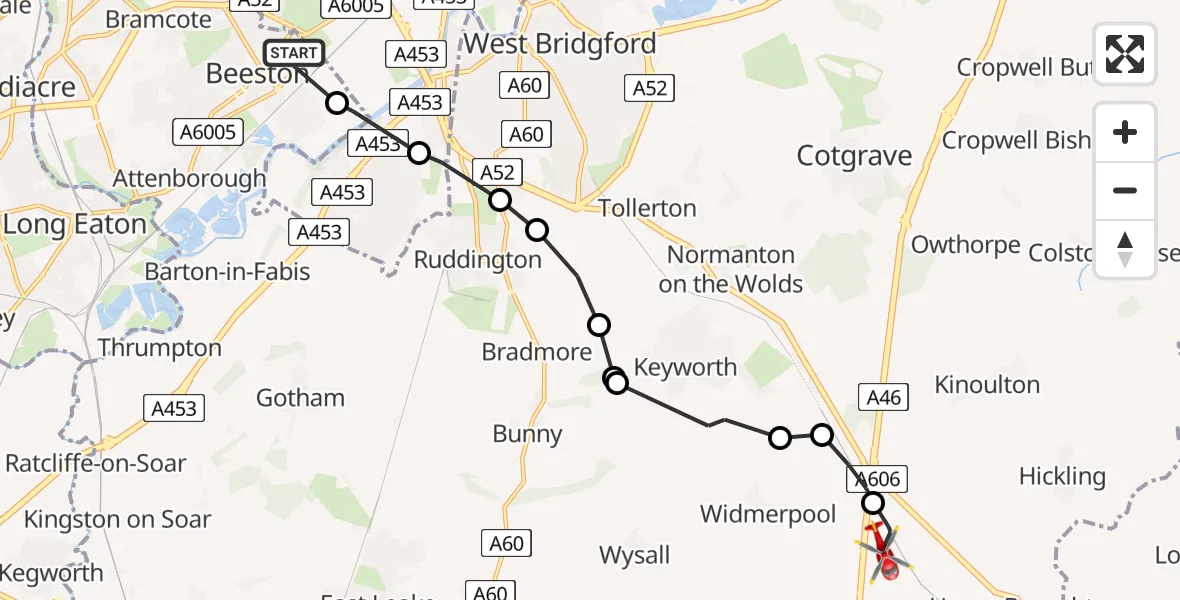Routekaart van de vlucht: Air Ambulance Helicopter to Nottingham Heliport, Nottingham Heliport