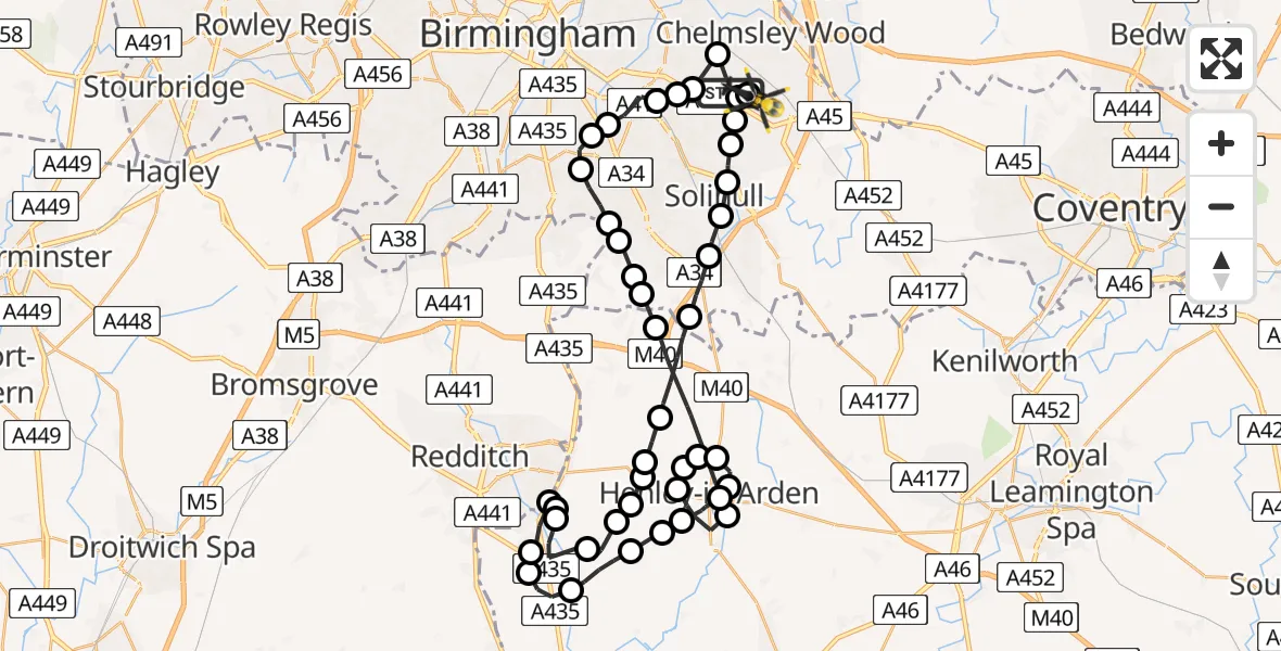 Flight route map: Police Helicopter to Birmingham Airport, Birmingham Airport