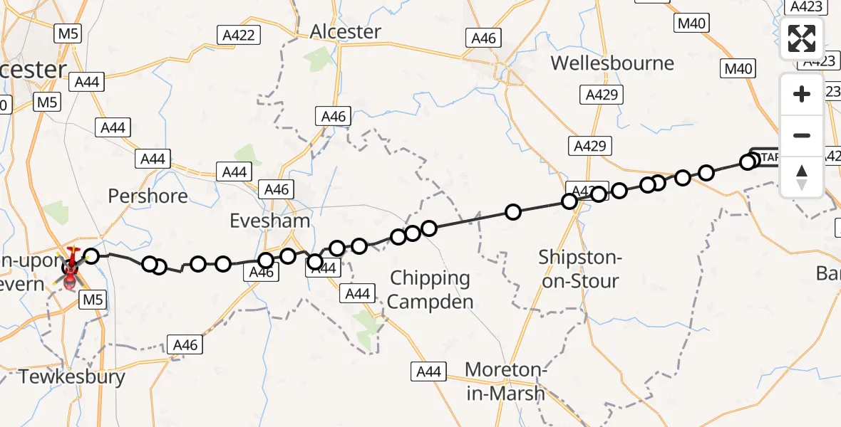 Routekaart van de vlucht: Air Ambulance Helicopter to Hill Croome, M5