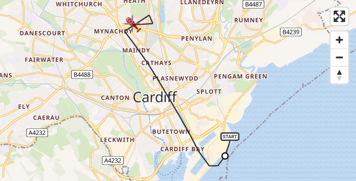 Routekaart van de vlucht: Air Ambulance Helicopter to Cardiff, Dame Shirley Bassey Way