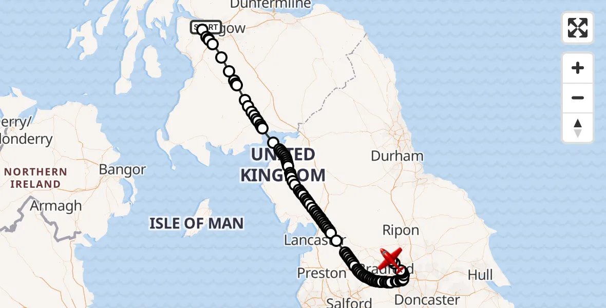 Flight route map: Air Ambulance Aircraft to Leeds Bradford Airport, Leeds Bradford Airport