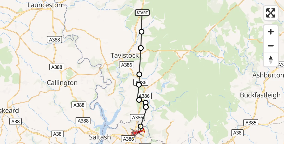 Flight route map: Air Ambulance Helicopter to Plymouth, Blunts Lane
