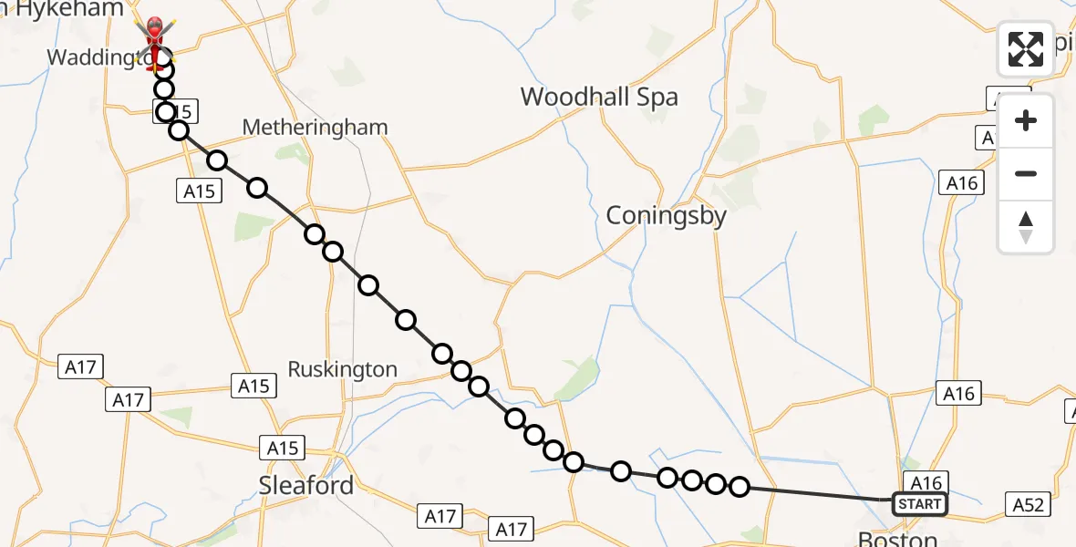 Routekaart van de vlucht: Air Ambulance Helicopter to North Kesteven, Sleaford Road