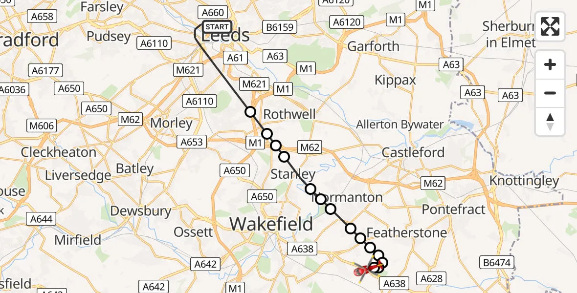 Flight route map: Air Ambulance Helicopter to YAA Nostell Helicopter Port, YAA Nostell Helicopter Port