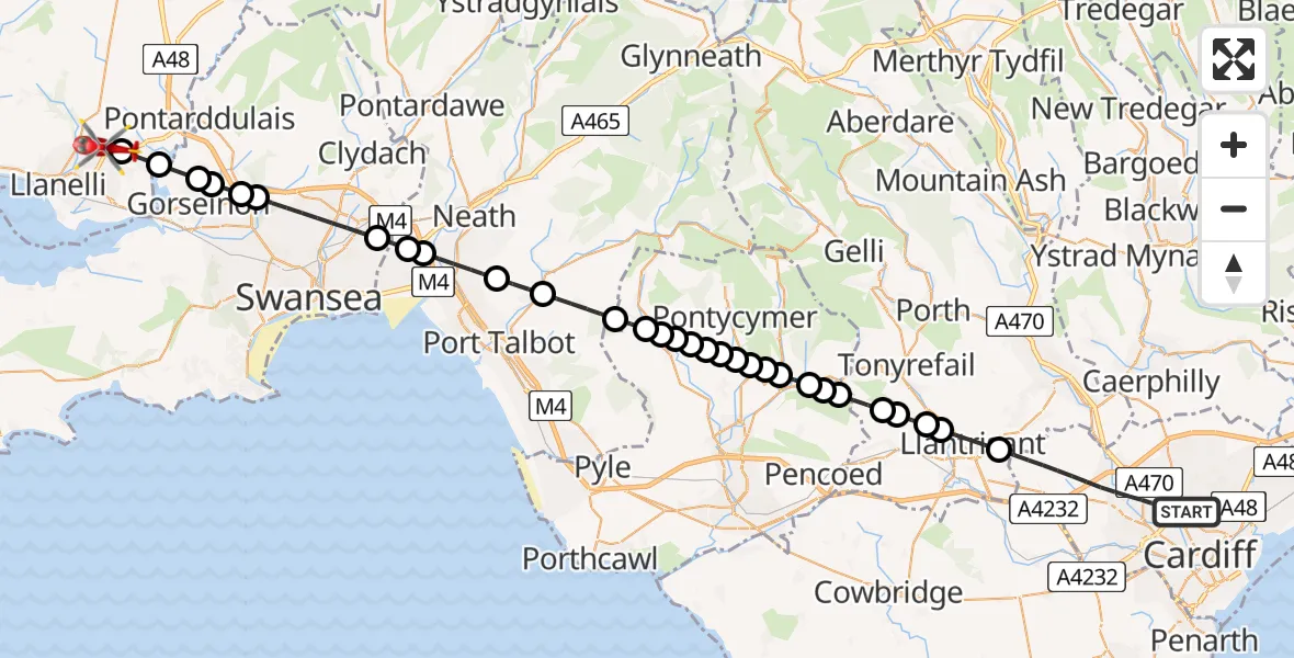 Flight route map: Air Ambulance Helicopter to Dafen, Heol Aur