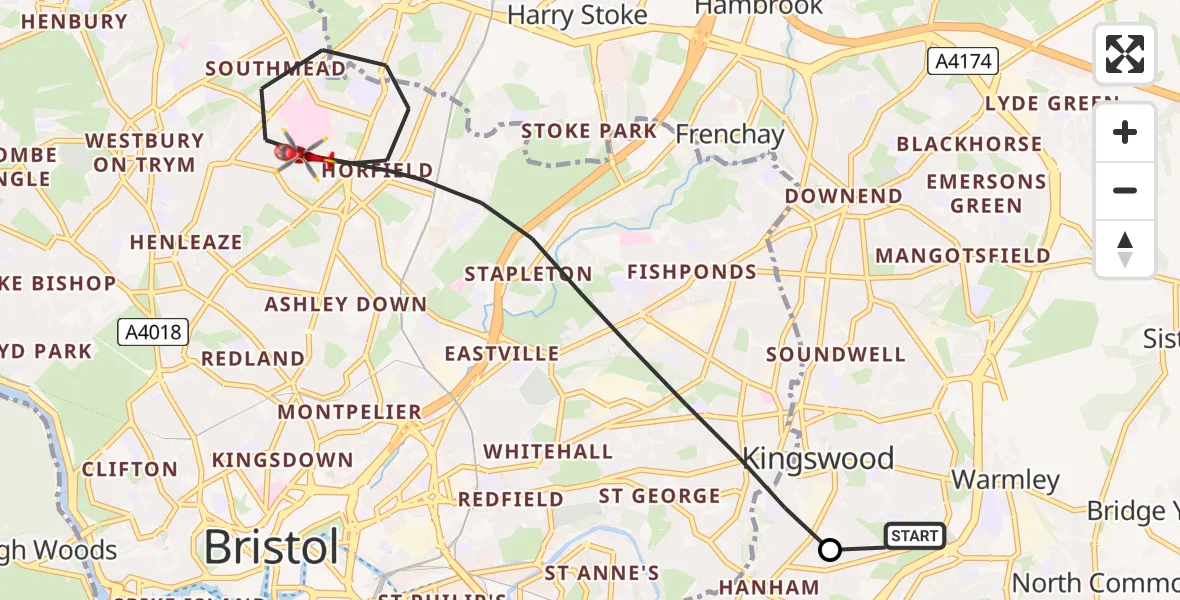 Routekaart van de vlucht: Air Ambulance Helicopter to Bristol, Gloucester Road