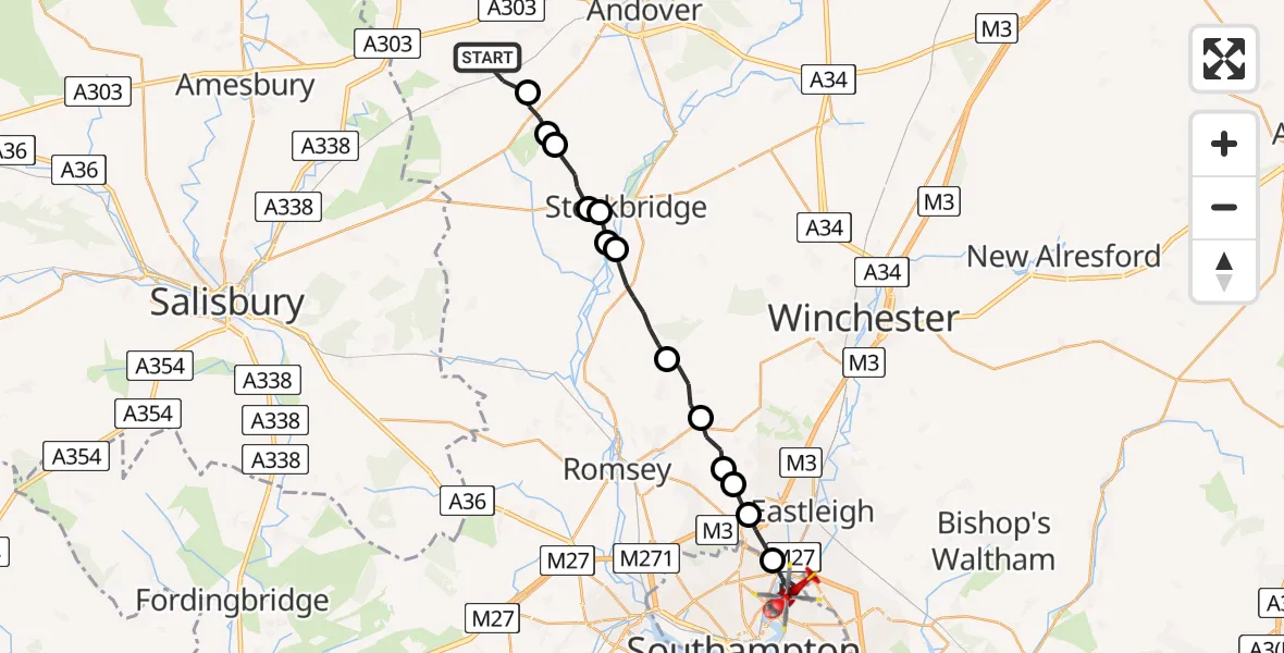 Flight route map: Air Ambulance Helicopter to Southampton, Copsewood Road