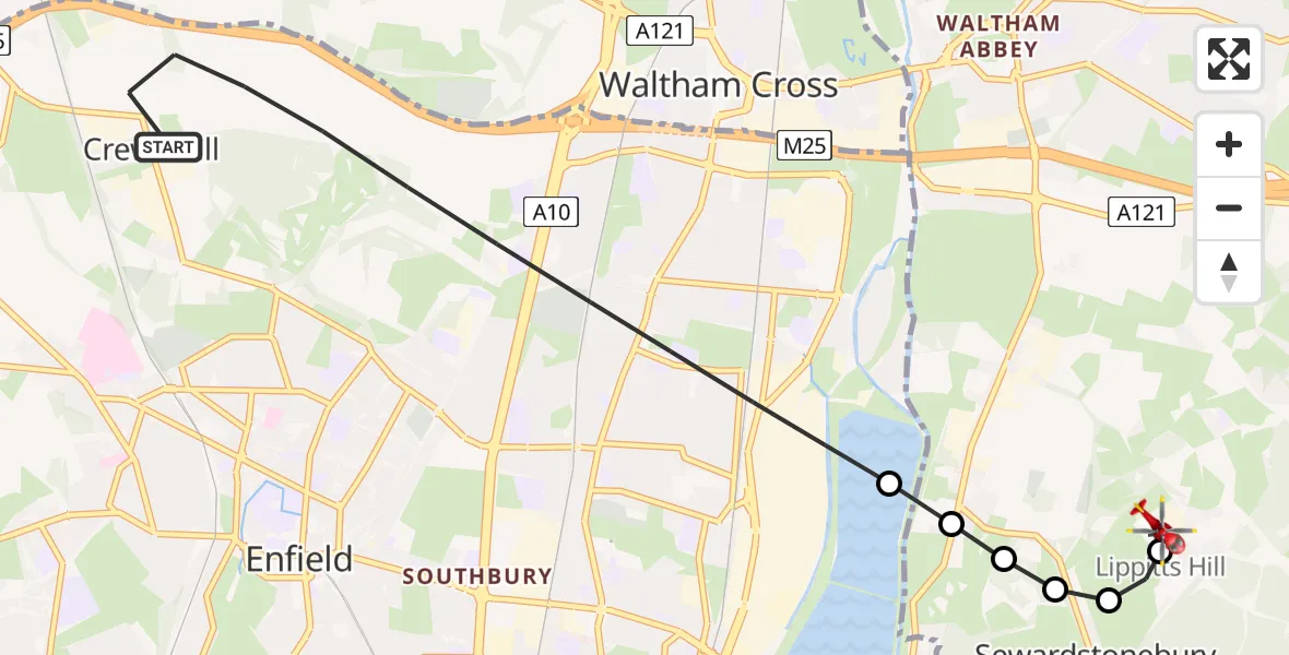 Flight route map: Air Ambulance Helicopter to Metropolitan Police Air Support Unit Lippitts Hill, Metropolitan Police Air Support Unit Lippitts Hill