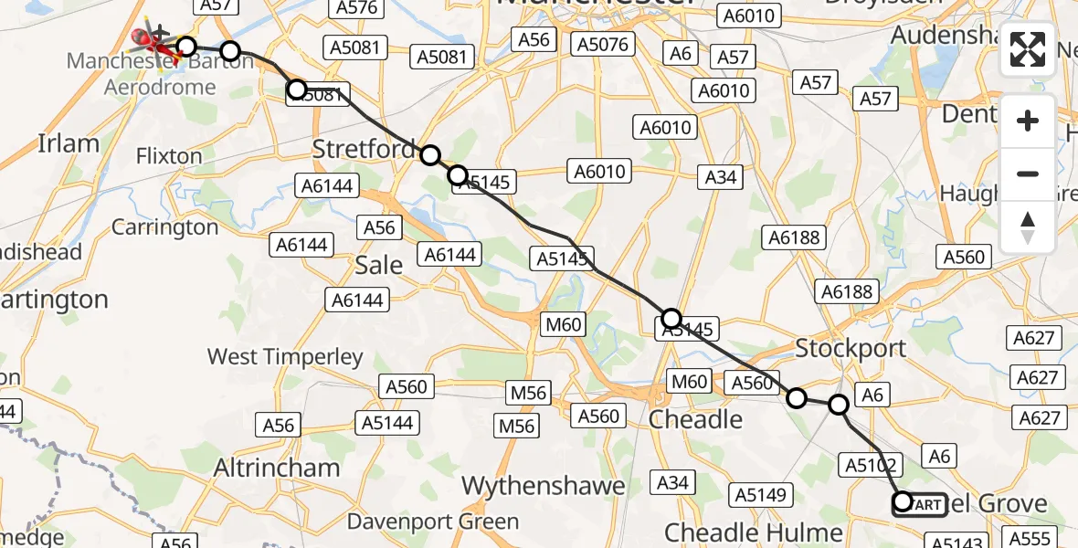 Routekaart van de vlucht: Air Ambulance Helicopter to Manchester Barton Aerodrome, Manchester Barton Aerodrome