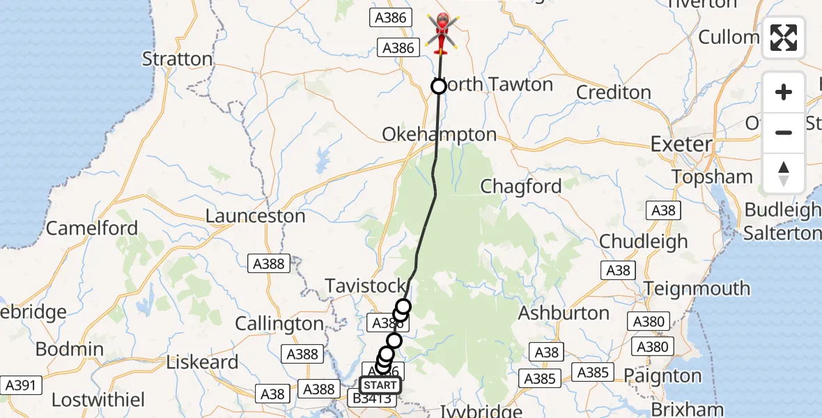 Routekaart van de vlucht: Air Ambulance Helicopter to Winkleigh, Winkleigh