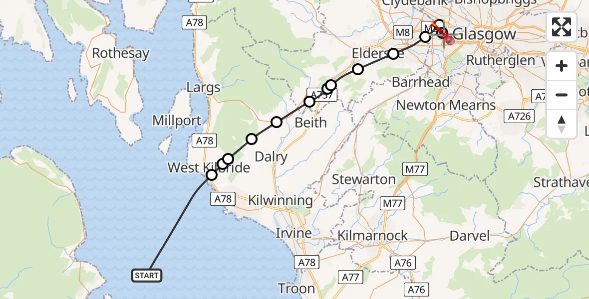 Flight route map: Air Ambulance Helicopter to Queen Elizabeth Hospital, Queen Elizabeth Hospital
