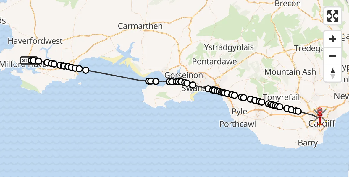 Routekaart van de vlucht: Air Ambulance Helicopter to Cardiff, Dame Shirley Bassey Way