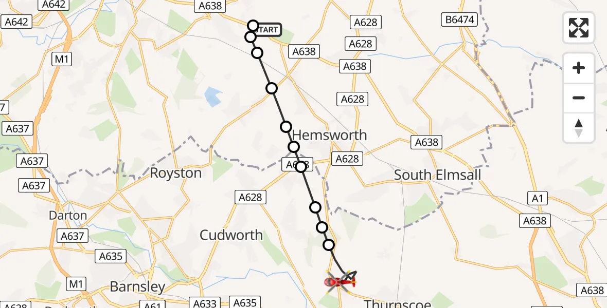 Flight route map: Air Ambulance Helicopter to Great Houghton, Manor Fields
