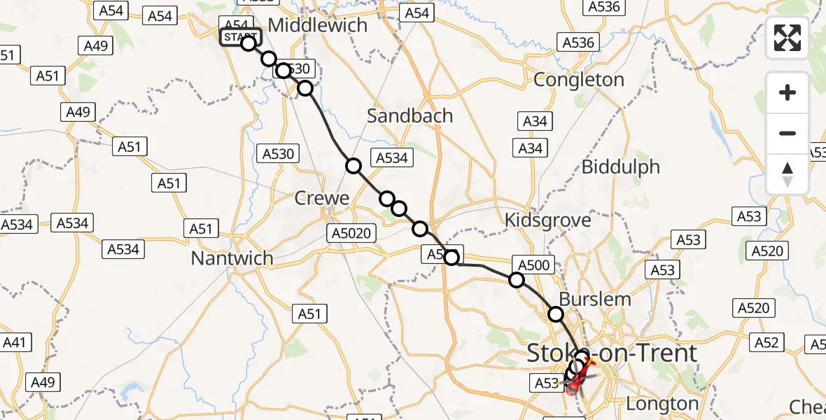 Routekaart van de vlucht: Air Ambulance Helicopter to Stoke, Hilton Road