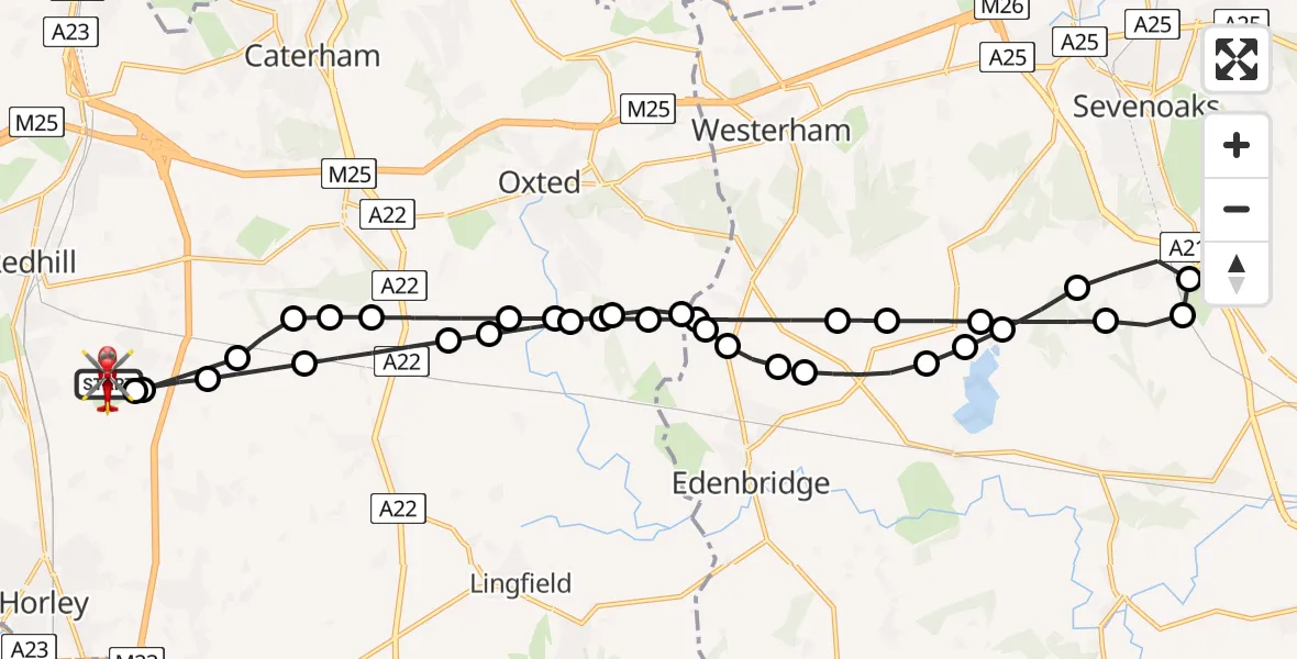 Flight path map showing Air Ambulance Helicopter route from Redhill Aerodrome to Redhill Aerodrome
