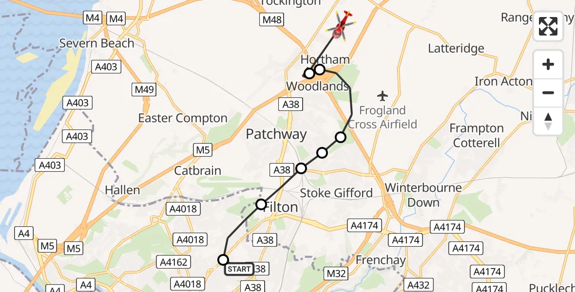 Routekaart van de vlucht: Air Ambulance Helicopter to Rudgeway, Tockington Park Lane