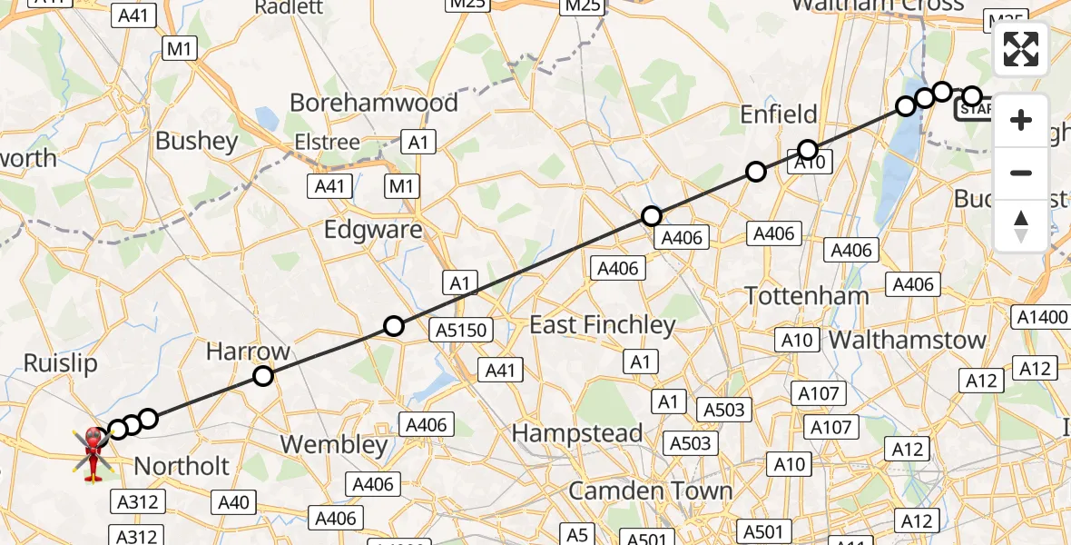 Flight route map: Air Ambulance Helicopter to RAF Northolt, RAF Northolt