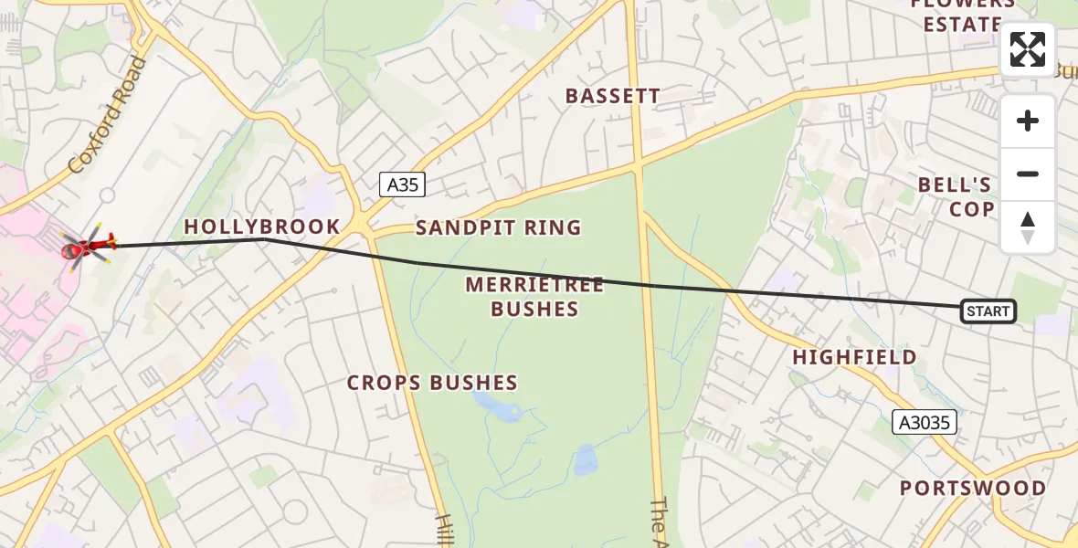 Flight route map: Air Ambulance Helicopter to University Hospital Southampton, University Hospital Southampton