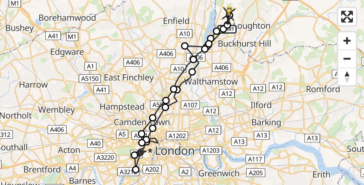 Flight route map: Police Helicopter to Sewardstonebury, Blind Lane