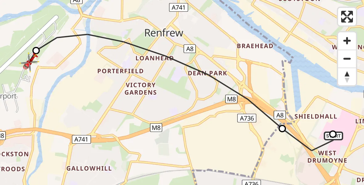 Flight route map: Air Ambulance Helicopter to Glasgow Airport, Glasgow Airport