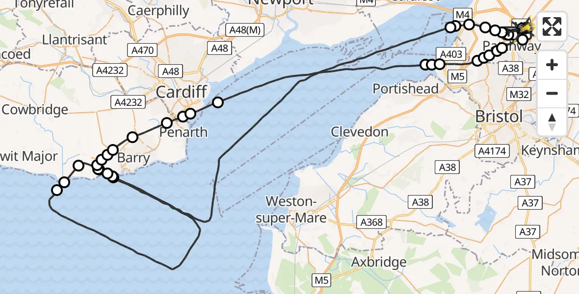 Flight route map: Police Helicopter to Almondsbury Helicopter Base, Almondsbury Helicopter Base