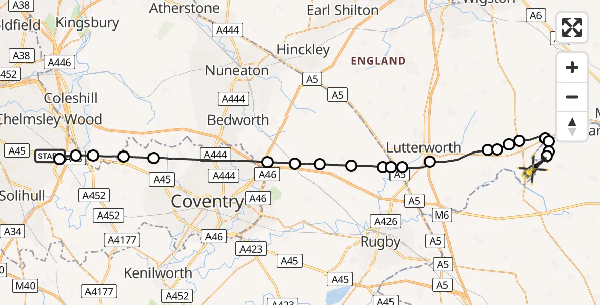 Routekaart van de vlucht: Police Helicopter to Harborough, Sibbertoft Road