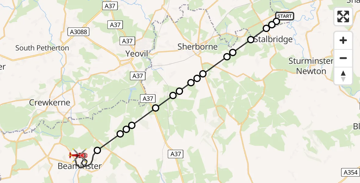 Flight route map: Air Ambulance Helicopter to Beaminster, Chantry Lane