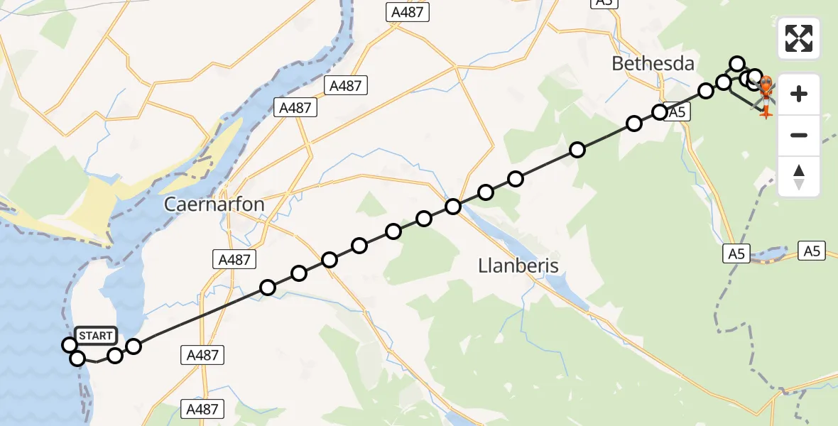 Flight route map: Coastguard Helicopter to Llanllechid, Llanllechid