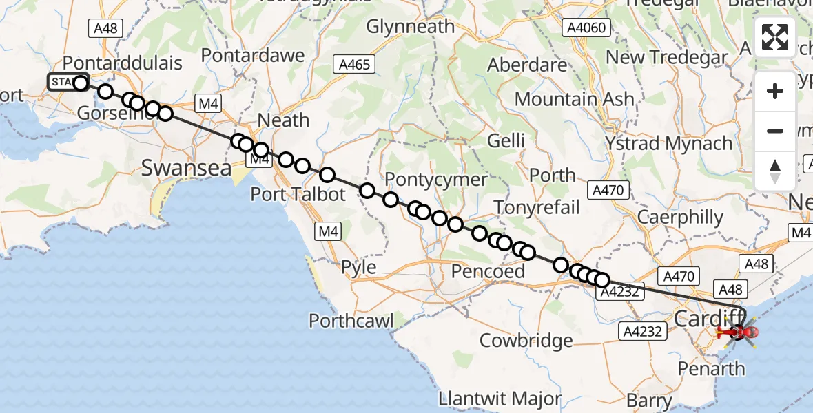 Flight route map: Air Ambulance Helicopter to Cardiff Heliport, Cardiff Heliport