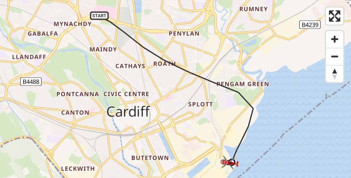 Flight route map: Air Ambulance Helicopter to Cardiff Heliport, Foreshore Road