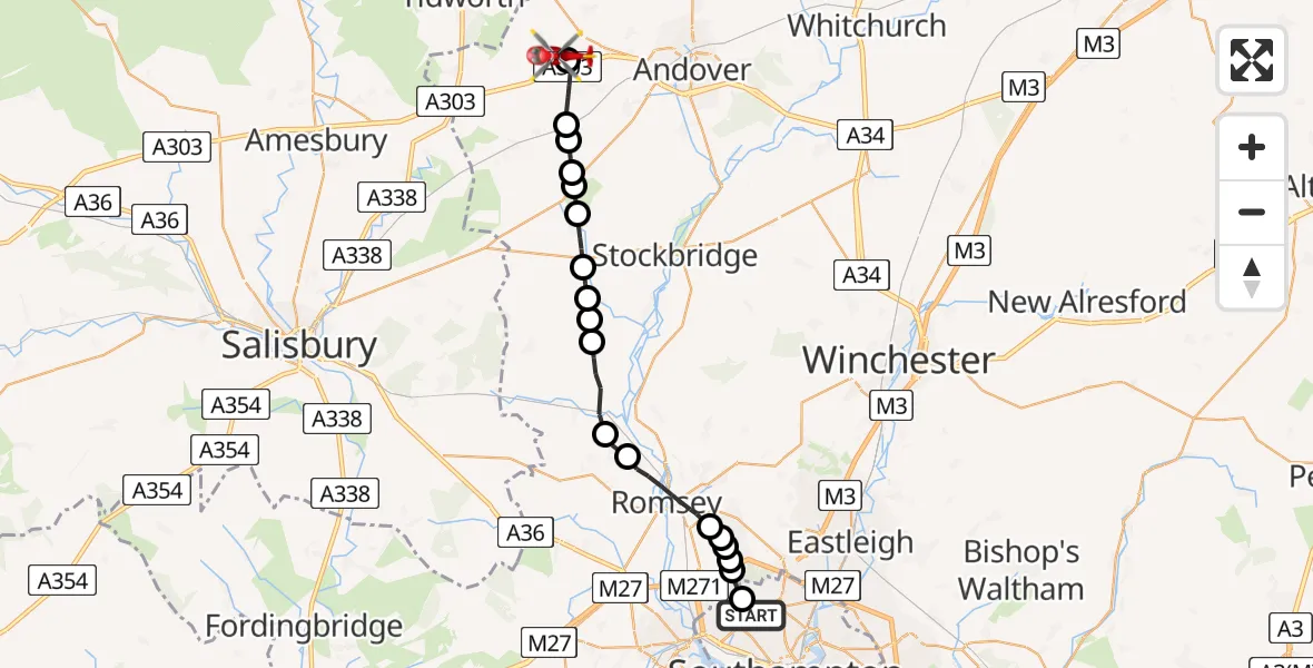 Flight route map: Air Ambulance Helicopter to Fyfield, Fyfield