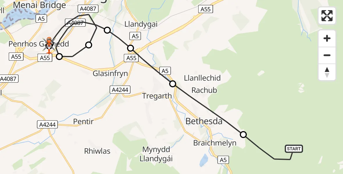 Flight route map: Coastguard Helicopter to Penrhos Garnedd, Penrhos Road