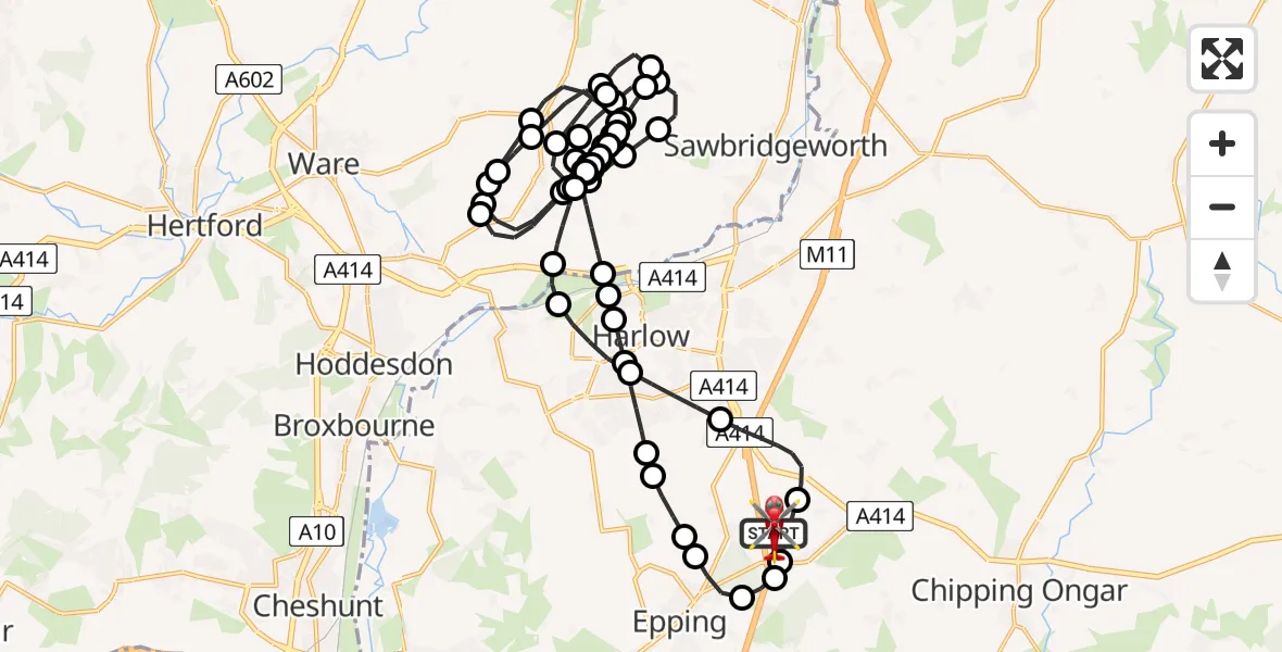 Flight route map: Air Ambulance Helicopter to North Weald Airfield, North Weald Airfield
