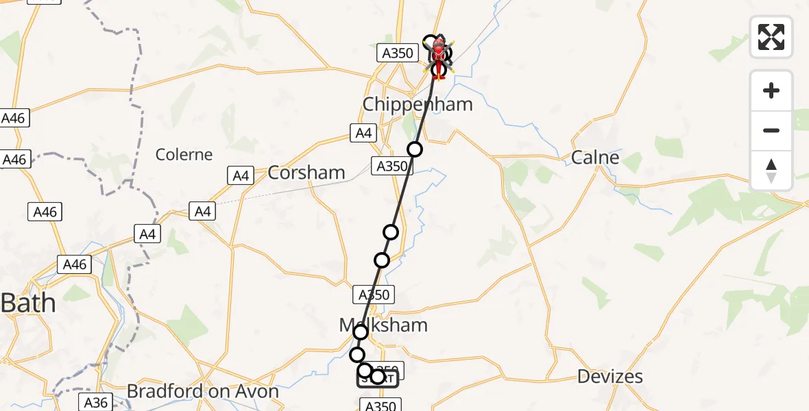 Flight route map: Air Ambulance Helicopter to Langley Burrell, Maud Heath's Causeway