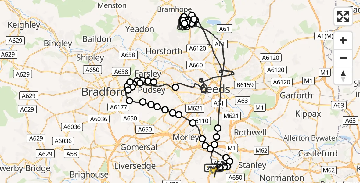 Flight path map showing Police Helicopter route from East Ardsley to East Ardsley